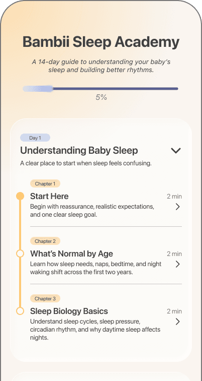 Bambii Sleep Academy screen showing a 14-day guide with Day 1: Understanding Baby Sleep expanded into three short chapters
