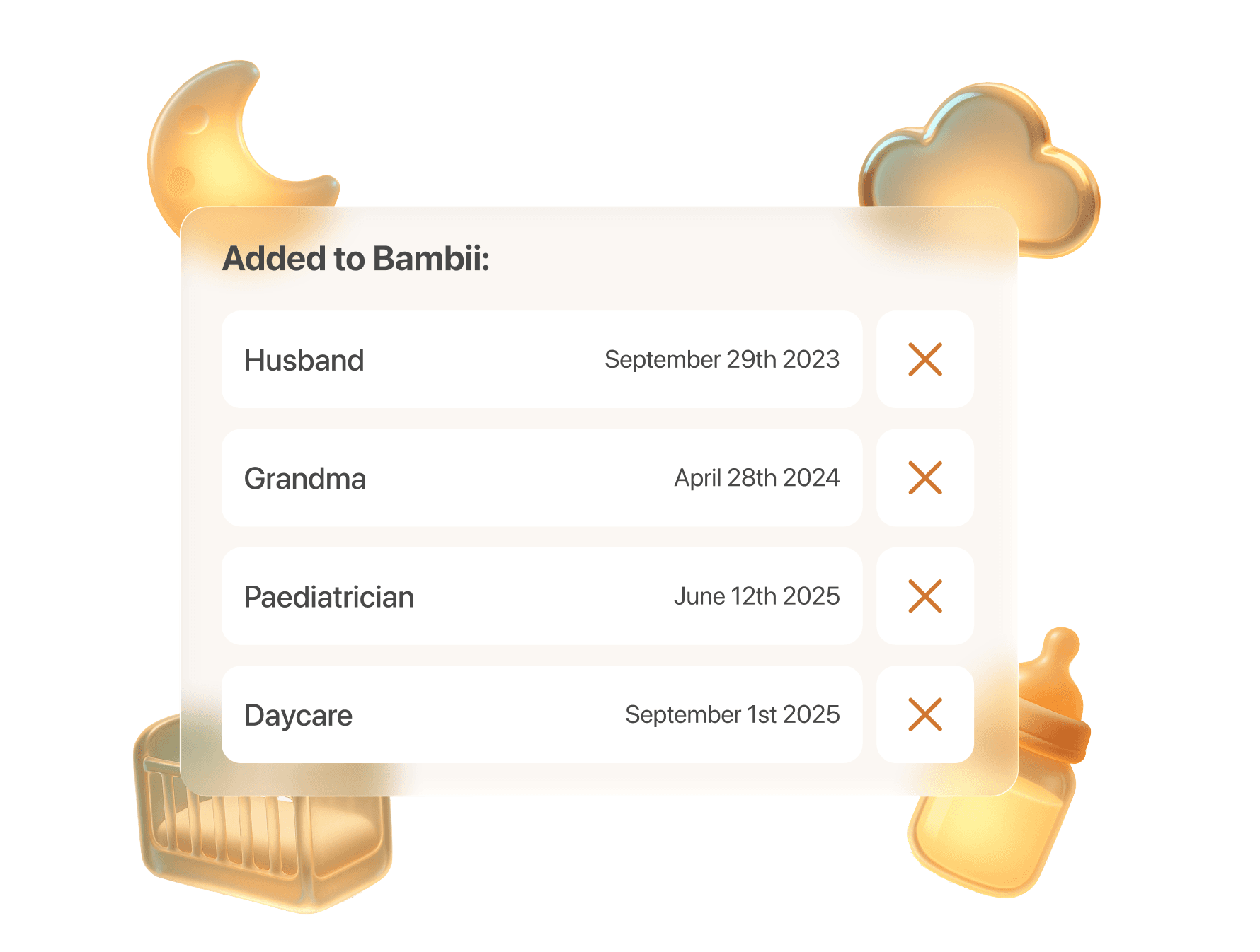 Added to Bambii partner list showing Husband, Grandma, Pediatrician, and Daycare with dates, framed by floating glass moon, cloud, crib, and bottle illustrations