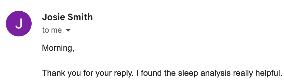 Email from Josie Smith — I found the sleep analysis really helpful