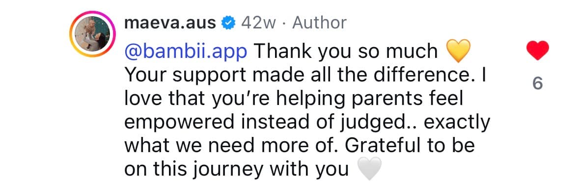 Instagram comment from @maeva.aus — Thank you so much. Your support made all the difference